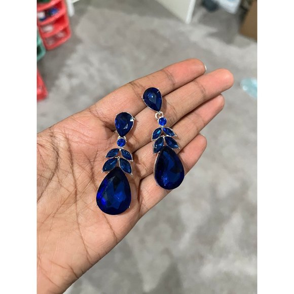 Royal blue earring long teardrop electric dangle rhinestone crystal blue 2.25” - Picture 3 of 9